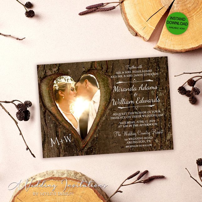 Custom Rustic Wood Heart Photo Wedding Invitation (Creator Uploaded)