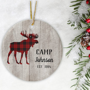 Custom Rustic Wood Plaid Moose Family Camp Ceramic Tree Decoration