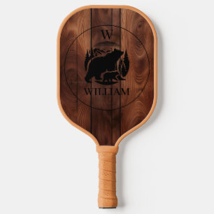 Custom Rustic Wood Texture & Bear Monogram Pickleball Paddle