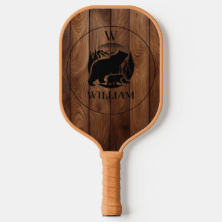 Custom Rustic Wood Texture & Bear Monogram Pickleball Paddle
