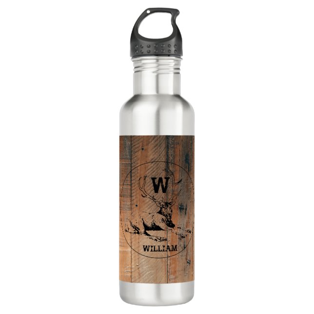 Custom Rustic Wood Texture & Deer Monogram 710 Ml Water Bottle (Front)