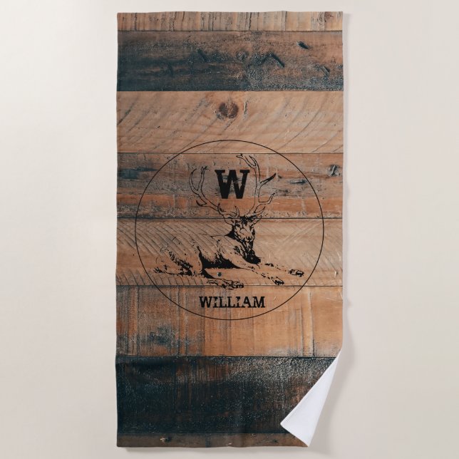 Custom Rustic Wood Texture & Deer Monogram  Beach Towel (Front)