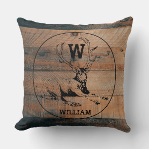 Custom Rustic Wood Texture & Deer Monogram Cushion