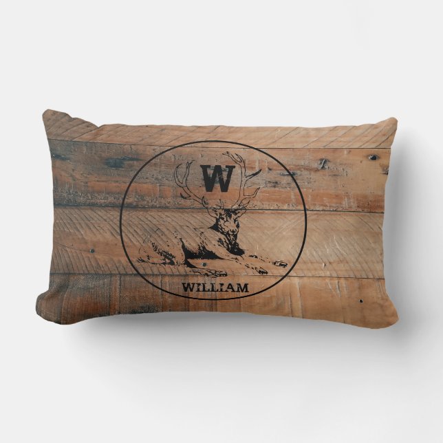 Custom Rustic Wood Texture & Deer Monogram Lumbar Cushion (Front)