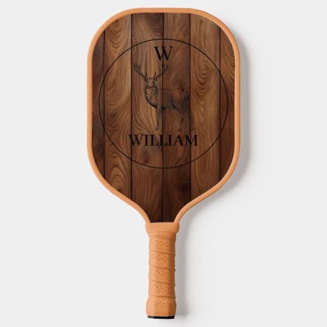 Custom Rustic Wood Texture & Deer Monogram Pickleball Paddle (Back)