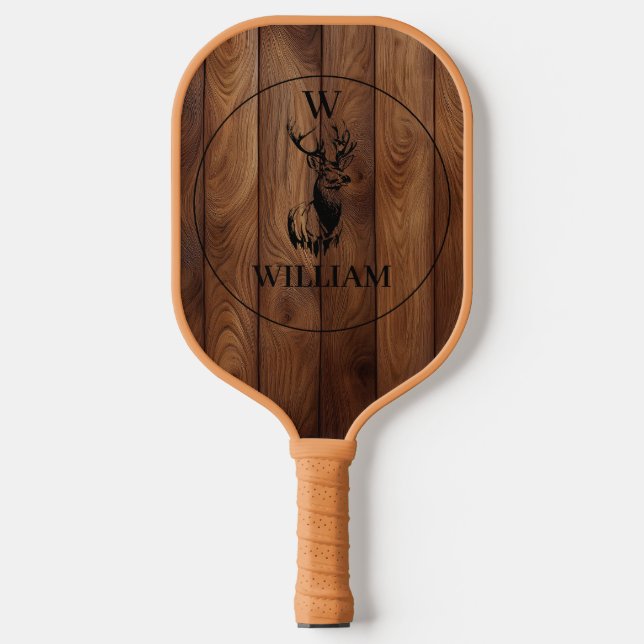 Custom Rustic Wood Texture & Deer Monogram Pickleball Paddle (Front)