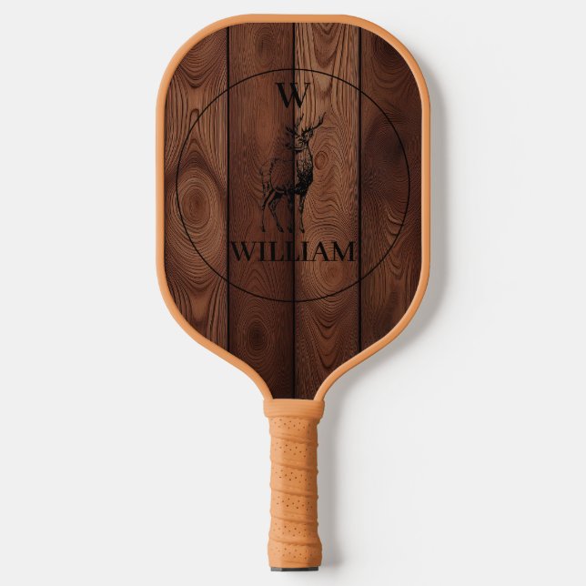 Custom Rustic Wood Texture & Deer Monogram Pickleball Paddle (Front)
