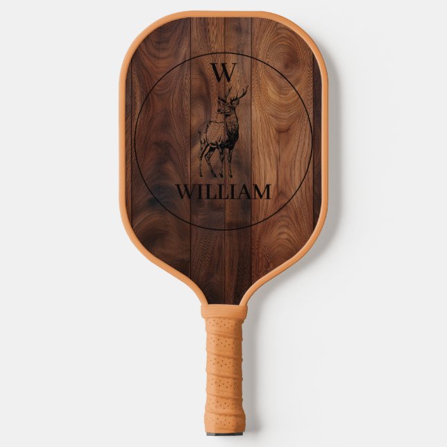 Custom Rustic Wood Texture & Deer Monogram Pickleball Paddle (Front)