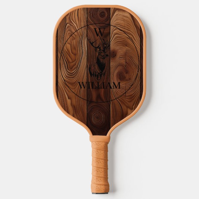 Custom Rustic Wood Texture & Deer Monogram Pickleball Paddle (Front)