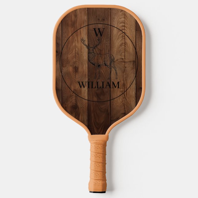Custom Rustic Wood Texture & Deer Monogram Pickleball Paddle (Back)