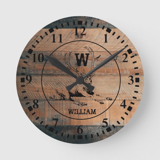 Custom Rustic Wood Texture & Deer Monogram Round Clock (Front)