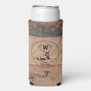 Custom Rustic Wood Texture & Deer Monogram Seltzer Can Cooler