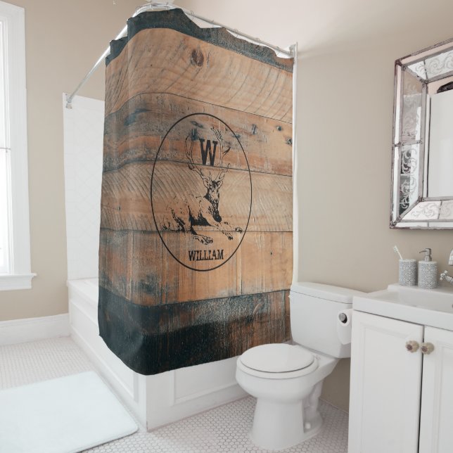 Custom Rustic Wood Texture & Deer Monogram Shower Curtain (In Situ)