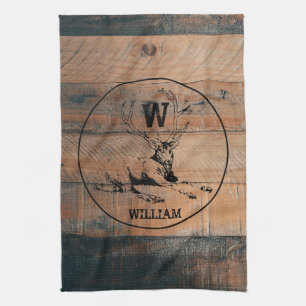 Custom Rustic Wood Texture & Deer Monogram Tea Towel
