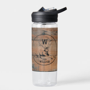 Custom Rustic Wood Texture & Deer Monogram Water Bottle
