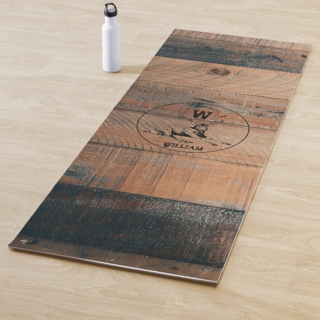 Custom Rustic Wood Texture & Deer Monogram Yoga Mat (In Situ)
