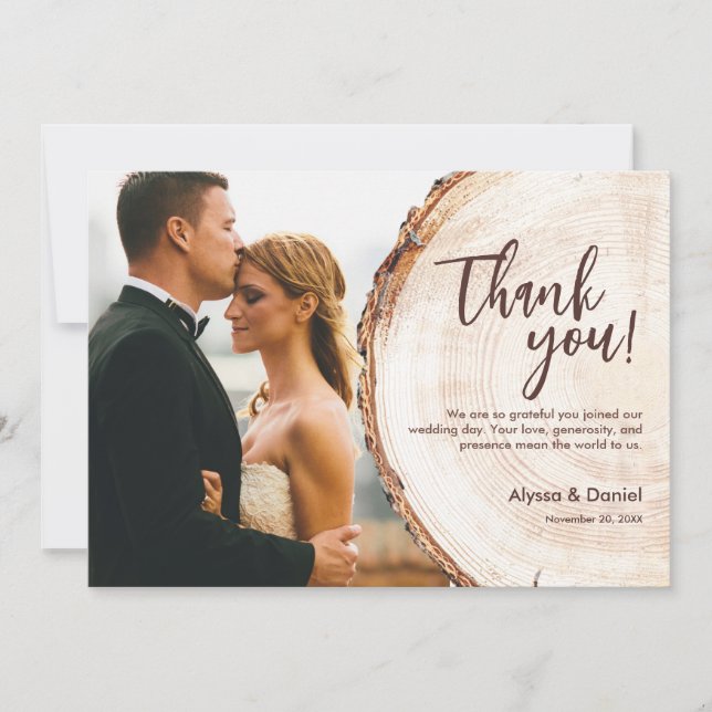Custom Rustic wood Unique Wedding Photo  Thank You Card (Front)