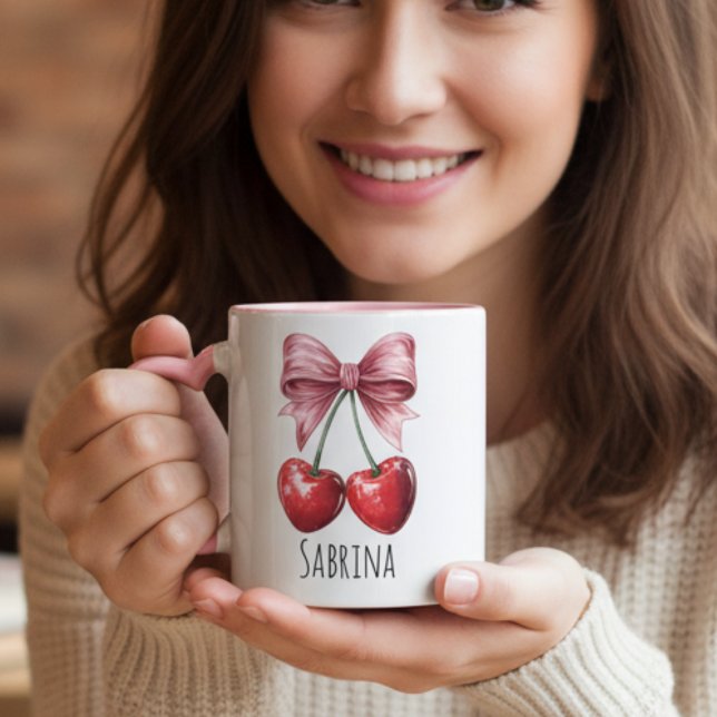 Custom "Sabrina" Cherry & Pink Bow Two-Tone Name Mug (Creator Uploaded)