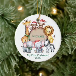 Custom Safari Animals Baby 1st First Christmas Ceramic Tree Decoration