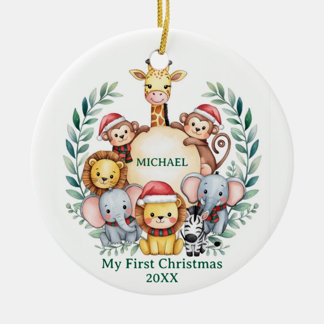 Custom Safari Animals Baby 1st First Christmas     Ceramic Tree Decoration (Front)