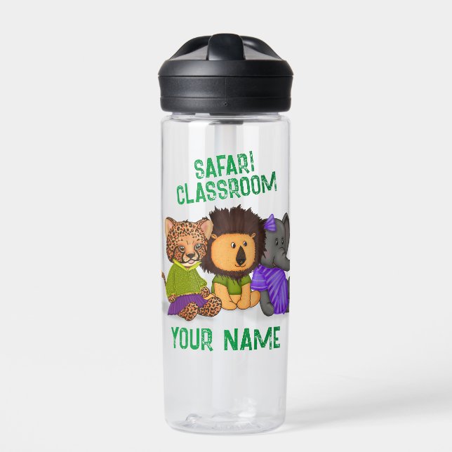 Custom Safari Classroom Cheetah Lion Elephant Water Bottle (Front)