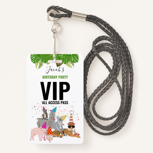 Custom Safari Jungle Zoo Birthday Party Pass Favou ID Badge (Front with Lanyard)