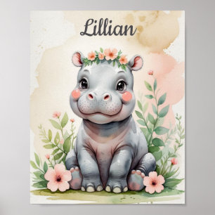 Custom Safari Watercolor Baby Hippo Girls Nursery  Poster
