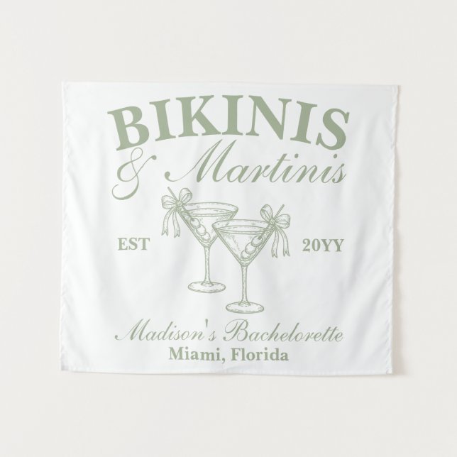 Custom Sage Bikini and Martini Bachelorette Party Tapestry (Front (Horizontal))