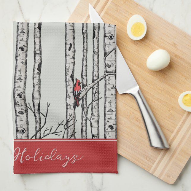 Custom Sage Birch Trees and Red Cardinal Birds Tea Towel (Quarter Fold)