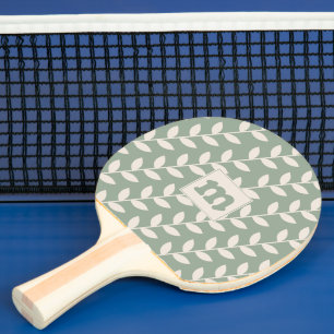 Custom Sage Green 70s Leaf Pattern Monogram Ping Pong Paddle