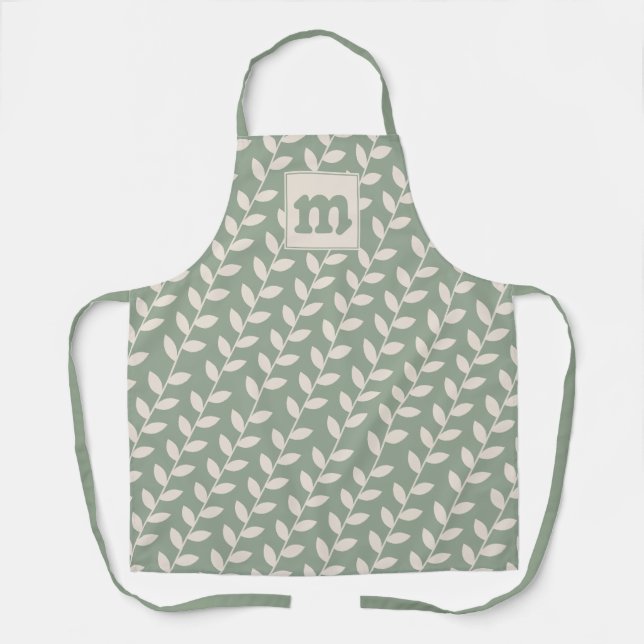 Custom Sage Green 70s Retro Leaf Pattern Monogram Apron (Front)