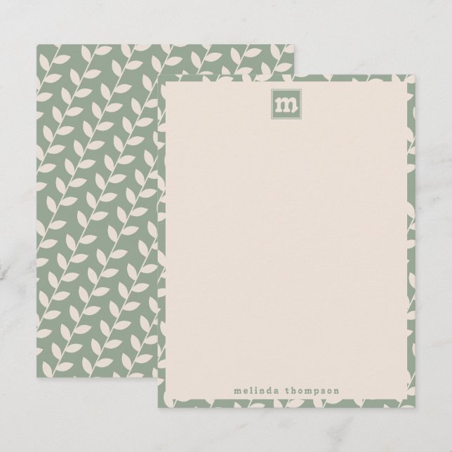 Custom Sage Green 70s Retro Leaf Pattern Monogram Card (Front/Back)