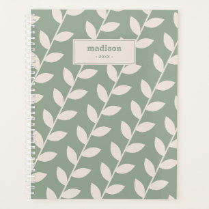 Custom Sage Green 70s Retro Leaf Pattern Monogram Planner