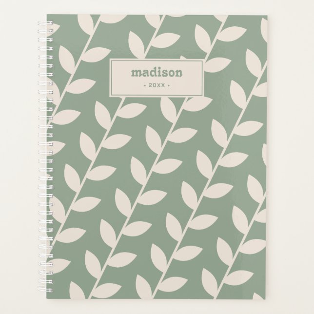 Custom Sage Green 70s Retro Leaf Pattern Monogram Planner (Front)