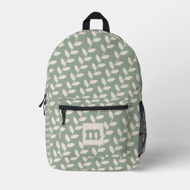 Custom Sage Green 70s Retro Leaf Pattern Monogram Printed Backpack (Front)