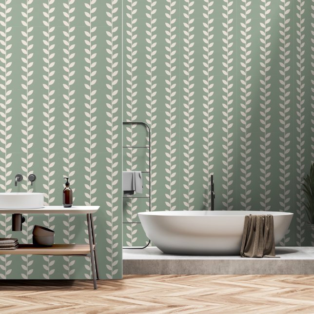 Custom Sage Green 70s Retro Leaf Pattern Wallpaper (Bathroom)