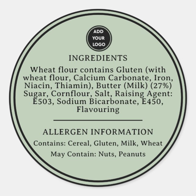 CUSTOM Sage Green   Allergy Alert Bakery Sticker (Front)