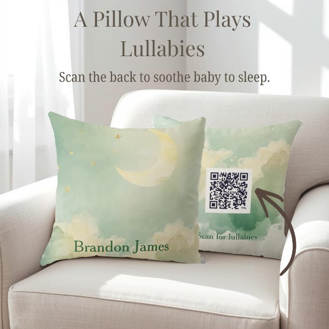 Custom Sage Green Baby Name Pillow with Lullabies (Personalized sage green baby name pillow. Scan the QR code on the back to play soothing lullabies.)