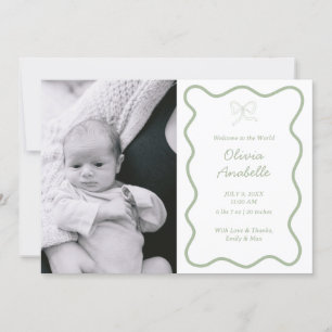 Custom Sage Green Bow Wavy Boho Collage Baby Birth Announcement