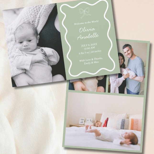 Custom Sage Green Bow Wavy Boho Collage Baby Birth Announcement (Custom Sage Green Bow Wavy Boho Collage Baby Birth Announcement
)