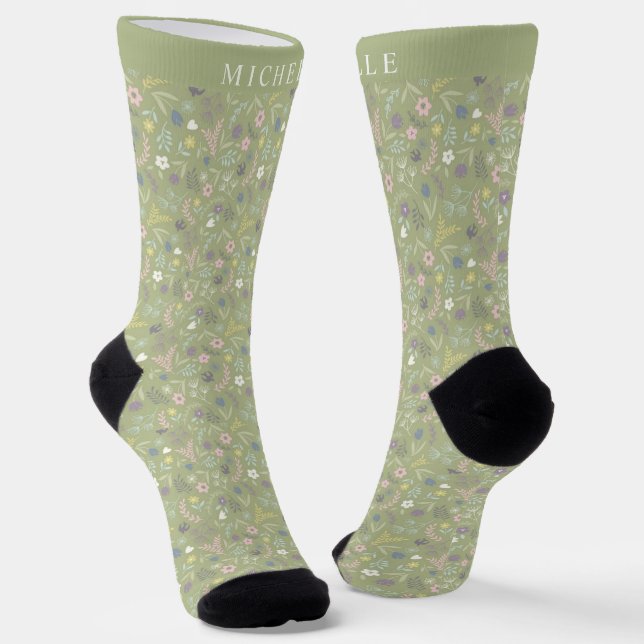 Custom Sage Green Floral Pink White Flowers Socks (Angled)