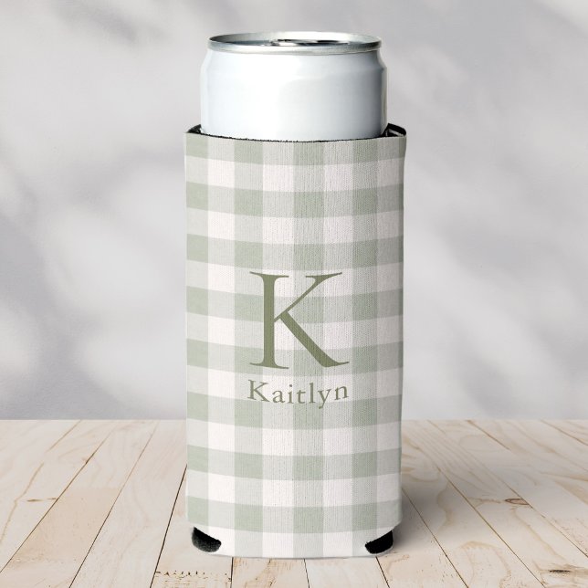 Custom Sage Green Gingham Heirloom Monogram Seltzer Can Cooler (Creator Uploaded)