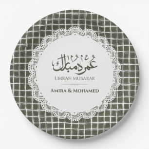 Custom Sage Green Grid Umrah Mubarak Paper Plates