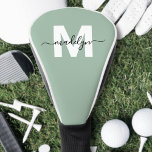 Custom Sage Green Initial Name Monogram Golf Head Cover<br><div class="desc">Custom Create Your Own Personalised Initial Name Monogram Golf Head Cover. Add a stylish and personal touch to your golf gear with this chic and elegant design. This version features a soft sage green background with a bold white initial and a flowing black script calligraphy name, creating a refined yet...</div>