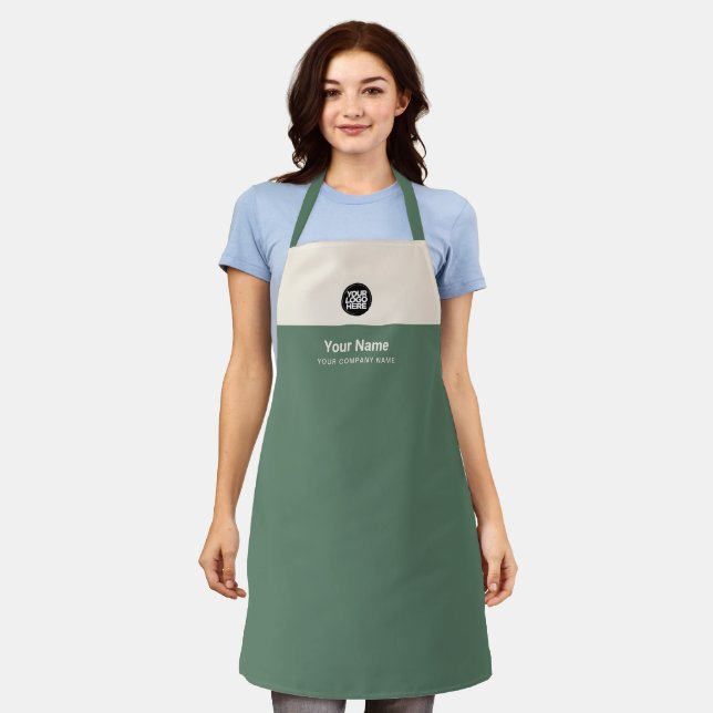 Custom Sage Green Ivory Employee Name Logo Branded Apron (Worn)