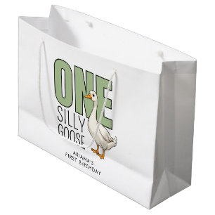 Custom Sage Green One Silly Goose 1st Birthday Large Gift Bag