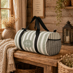 Custom Sage Green, Personalised Striped Farmhouse Duffle Bag
