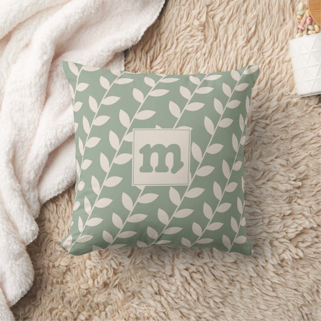 Custom Sage Green Retro Leaf Pattern Monogram Cushion (Blanket)