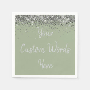 Custom Sage Green & Silver Glitter Birthday Party Napkin
