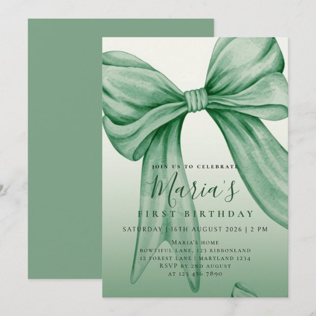 Custom Sage Green Watercolor Bow First Birthday Invitation (Front/Back)